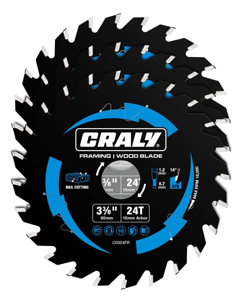 CRALY 3-3/8 Inch 24 Teeth Wood Cutting Framing Circular Saw Blade, 15mm Arbor, Carbide Tipped, Thin Kerf, Black Ice™ Coating, for Plywood, MDF, OSB, Laminated, 3-Pack(C0324FR-3) - Image 1